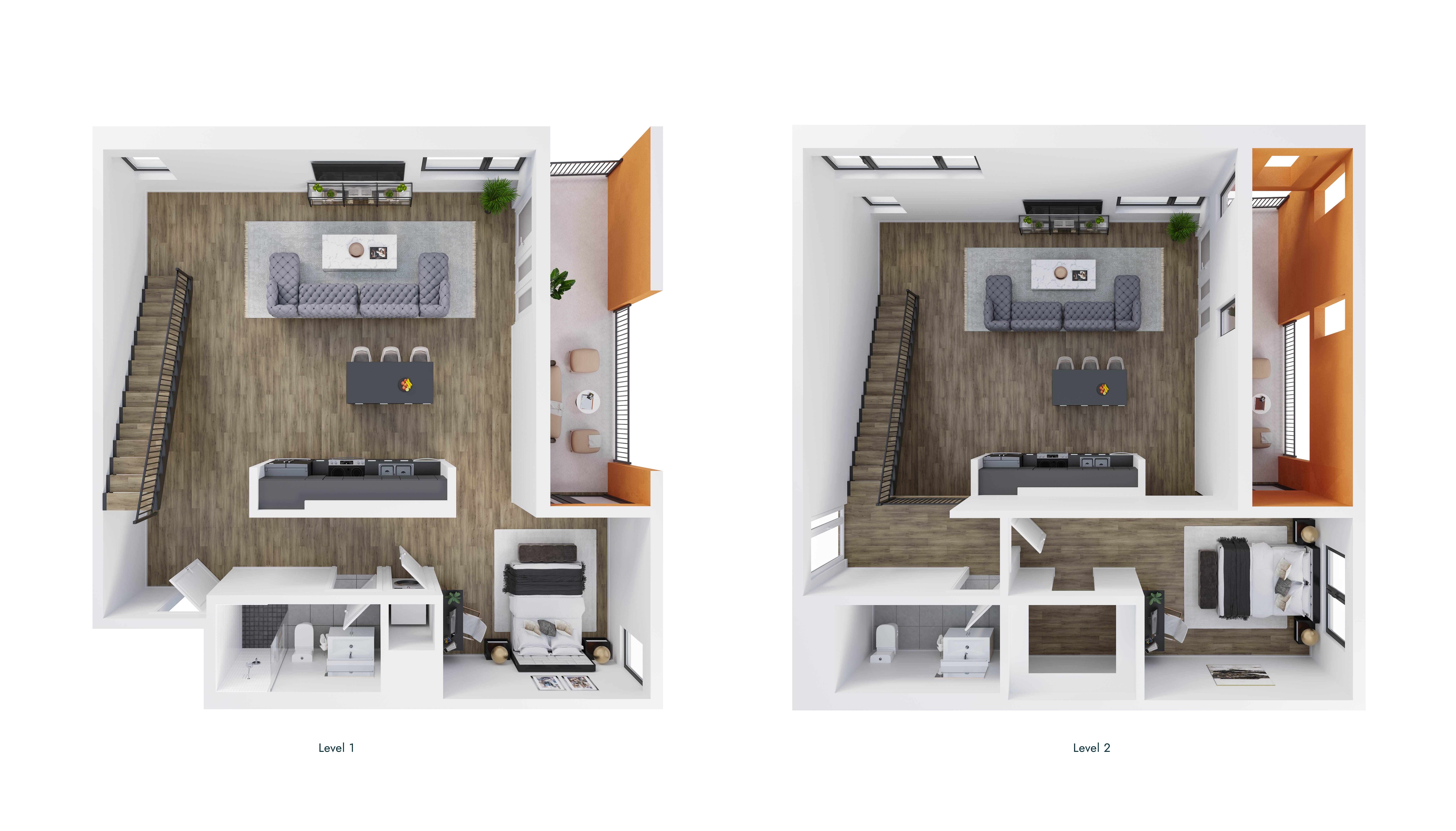 Floor plan for 1 bed, 1.5 baths, 1406 sqft